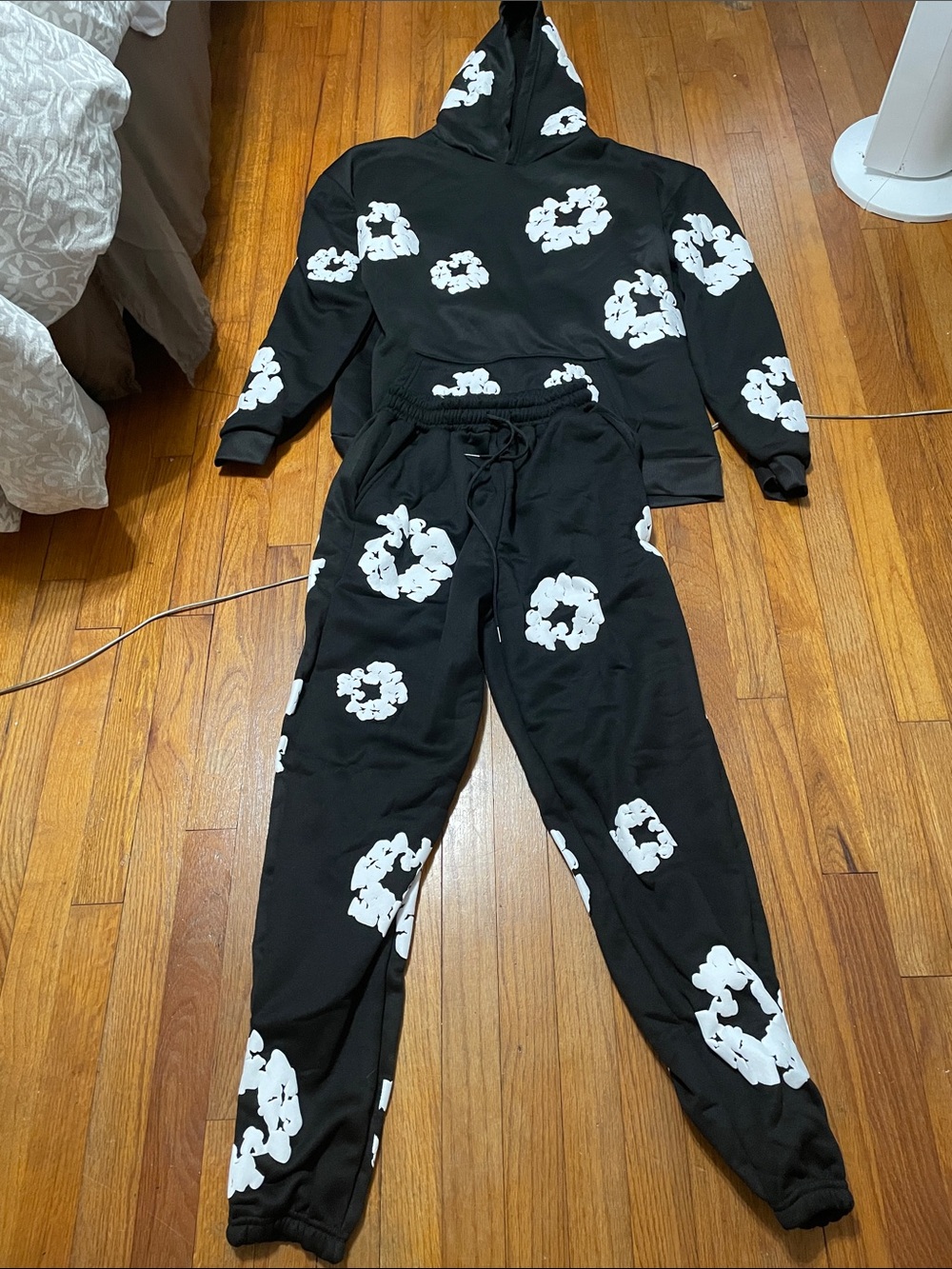 Black Hoodie and Jogger Set with White Cloud Print - Men's Cozy Lounge Set